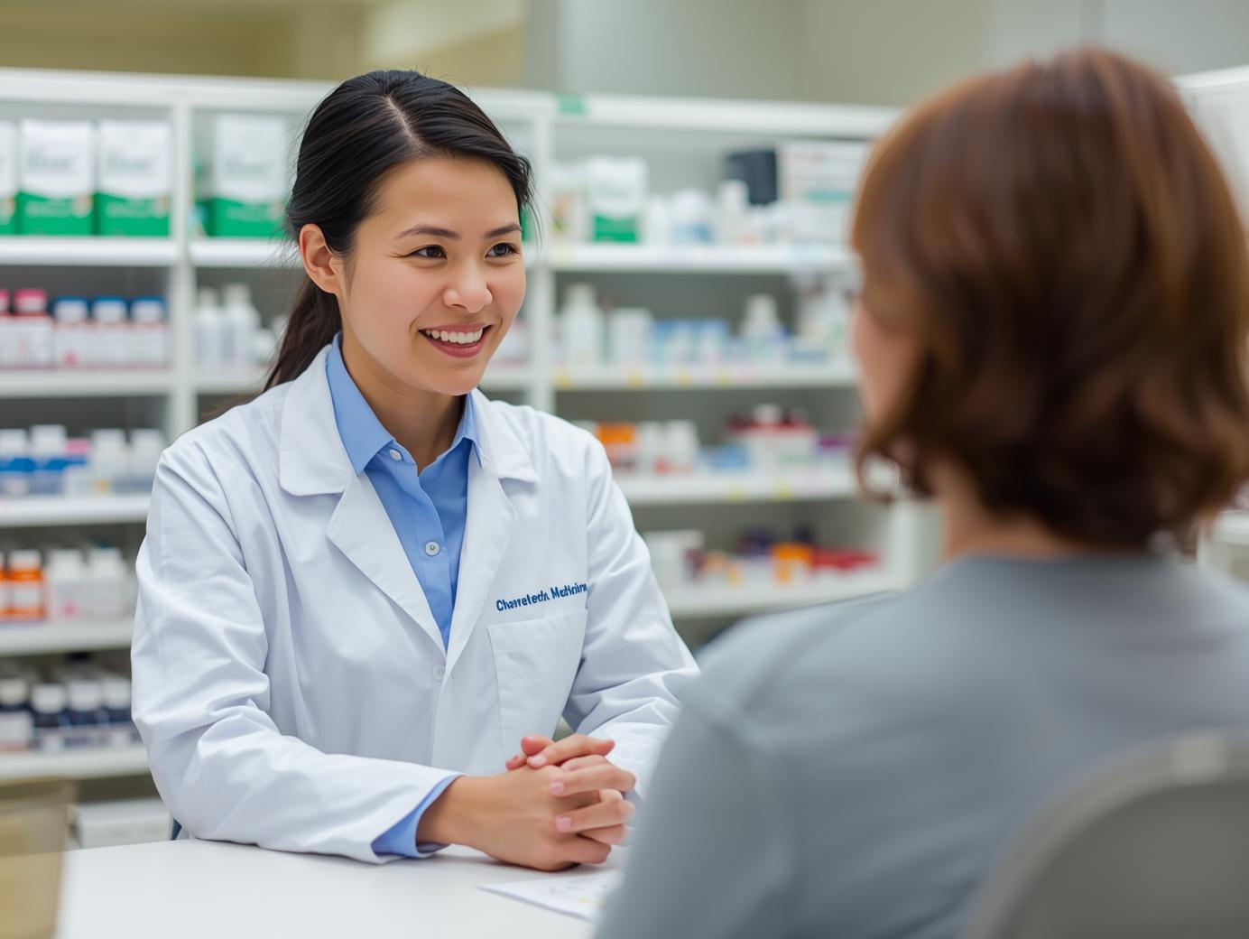 Pharmacist consulting with customer
